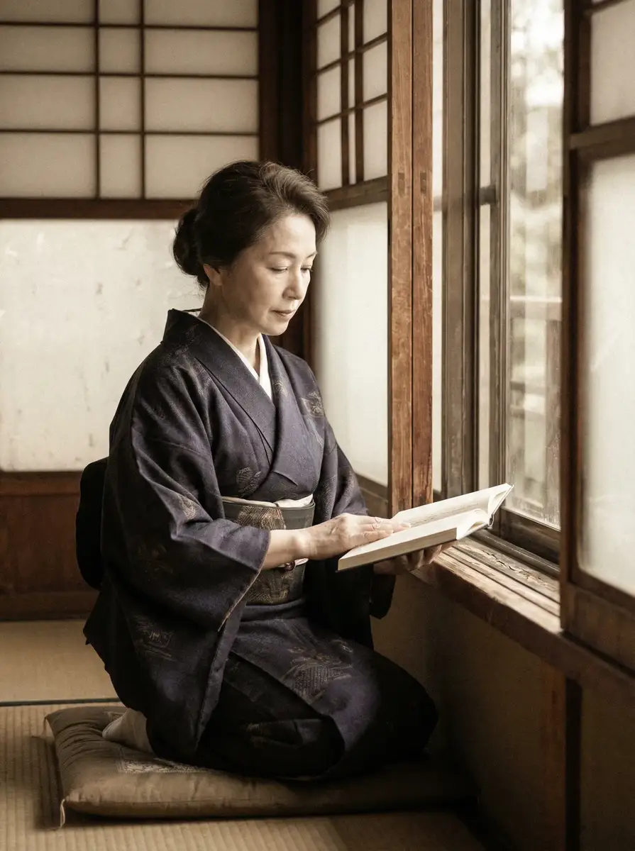 一位优雅的五十岁 追女大作战 身穿深蓝色和服，在窗边静读