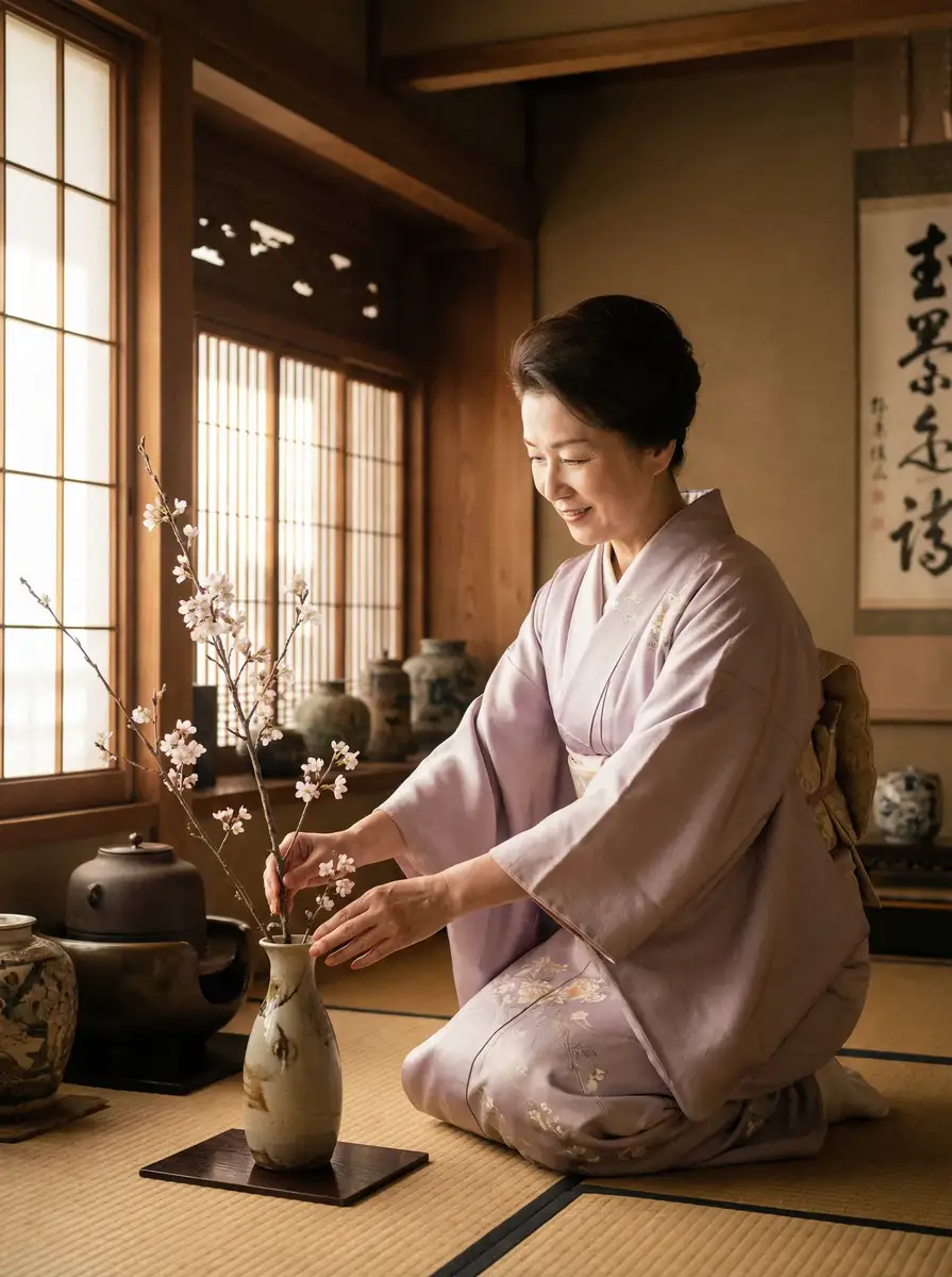 一位优雅的 追女大作战 在和室中插花
