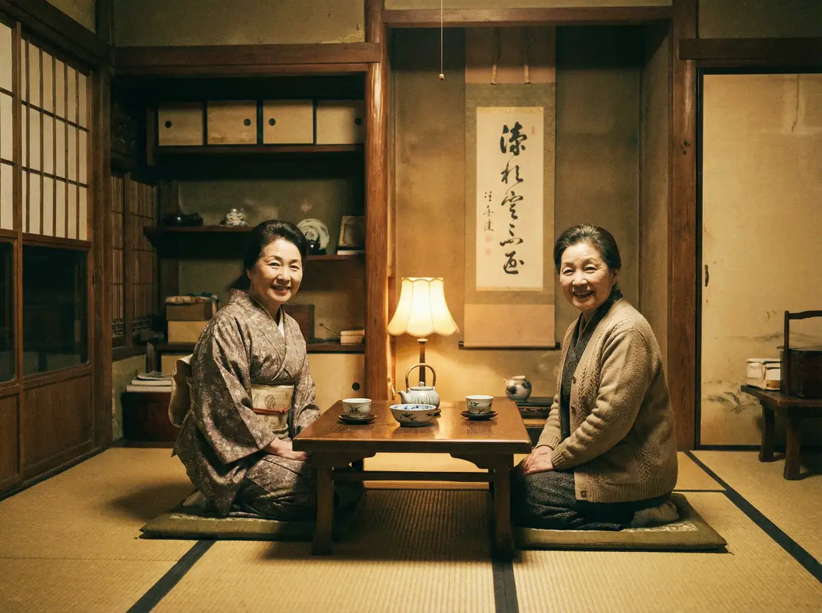 两位优雅的 追女大作战 在日式茶室中品茶交谈